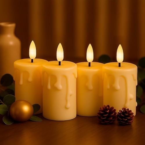 Ideen mit Herz Velas LED con revestimiento de cera real, 4 unidades, color crema, Navidad, Adviento, luz blanca cálida, efecto de llama realista, función de temporizador, funciona con pilas