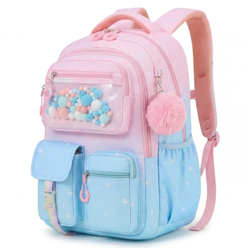 Amythe Zainetto Bambina Scuola Elementare e Media, Zaino Scolastico per Bambine Ergonomico Riflettente Zaino Casual per Bambini con Adorabili Ciondoli 20L, Rosa-blu