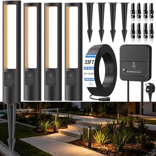 Mains Powered Garden Path Lights Low Voltage Outdoor Landscape Lights 4P | All-in-One LED Pathway Lights Kit with Transformer Dusk to Dawn, IP66 Waterproof 2200-6500K for Patio Yard Lawn Driveway