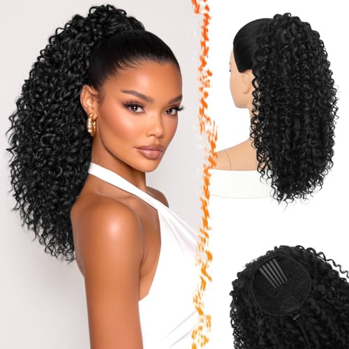 BARSDAR Noir Queue de Cheval Extension, Bouclée Queue de Cheval avec Cordon 45cm Pure Protein Fibre Bohemian Ondulée Bouclée Peigne Clip in Ponytail Postiche Fluffy Naturel Doux Léger Fêtes