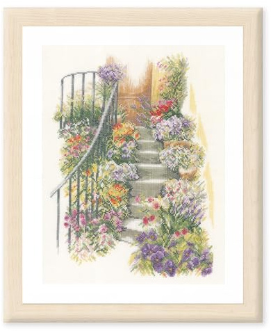 Lanarte PN-0169680 Counted Cross Stitch Kit Flower Stairs (Linen), Fabric, Assorted, 32 x 22.5 x 2 cm