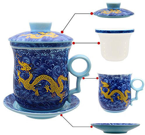 hollihi porcelana taza de té con tapa y platillo infusor Sets – chino Jingdezhen cerámica taza de café de té sistema de preparación de té para oficina en casa