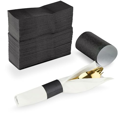 MT Products Black Self-Sealing Paper Napkin Bands 1.5 x 4.25 - 750 Pack - Bond Paper Cutlery Roll Wrappers - No-Peel Adhesive Flatware Rings for Restaurants & Events - Made in USA