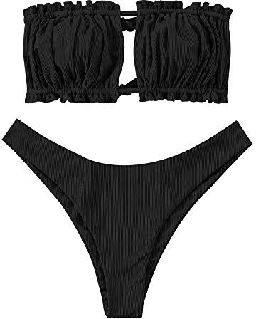 ZAFUL Damen Bikini Set, schulterfrei Bandeau mit Kordelzug & Rüschen High Cut Einfarbig Bademode (A-Schwarz,L)