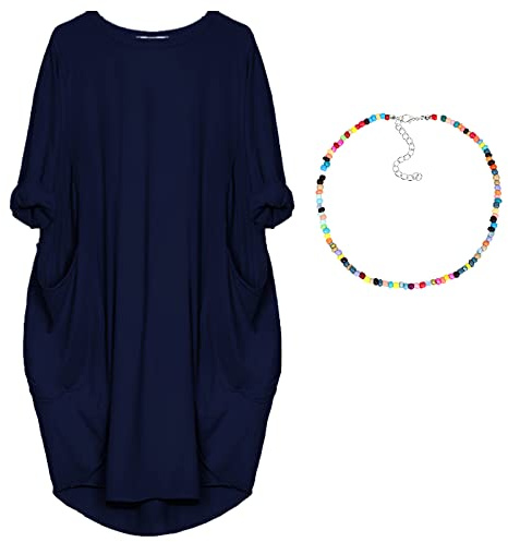 aromm Femme Col Rond T-Shirt Robe Ample Plaine Décontractée Grande Taille Midi Robes de Poches Marin,3XL