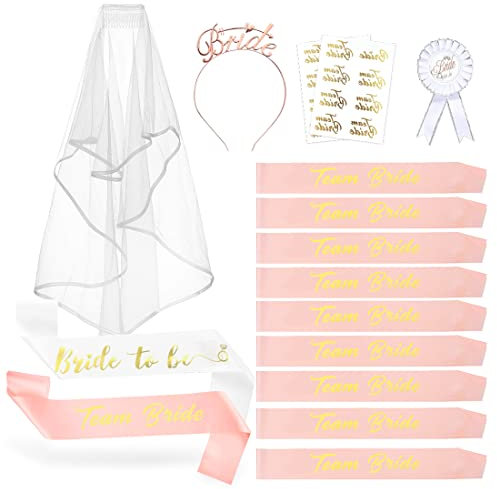 Zaloife 16 Pezzi Bride to Be Decorazioni, 1 Sposa di Essere Fascia, 10 Team Sposa Fasce, Velo Distintivo Cerchietto Tatuaggi, Sposa Decorazione per la Notte delle Ragazze