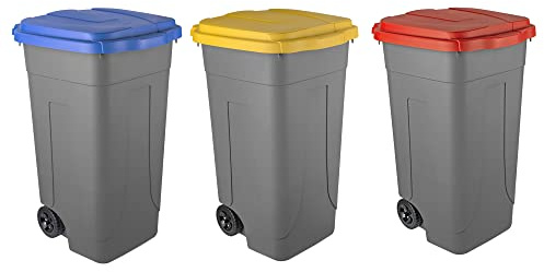 Eplastic - Set 3 Bidoni Raccolta Differenziata 100L | Contenitori Rifiuti con Coperchi Colorati (Rosso, Blu, Giallo) | Pattumiere Ecologiche per Casa e Ufficio - Corpo Grigio Resistente