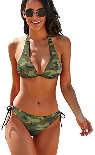 SKT T1 Women's Bikini Set 2 Piece Swimsuits for Women, Halter Bikini Tops Triangle Bottoms Beach Bathing Suit, Army Green Camo, Small