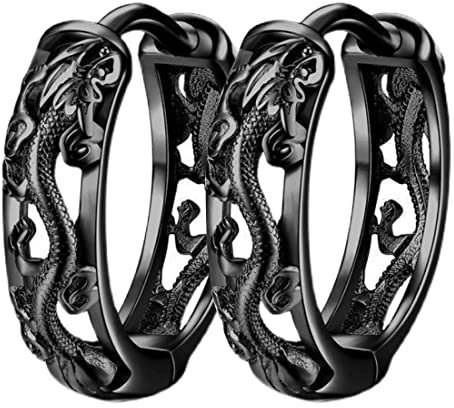 LEEQ Herren Hohl Drachenmuster Creolen - 2Pcs Einzigartiger Hip Hop Schmuck mit coolen Kreisohrringen und Drachenmotiv
