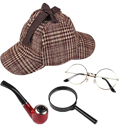 MFUOE Detektiv-Kostüm-Set, Deerstalker, Hut, Lupe, Pfeife, viktorianischer Sherlock Holmes, Kostümzubehör für Halloween, Kostüm, Party-Zubehör, 4-teilig