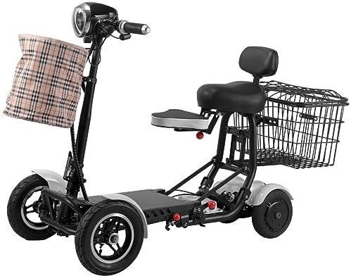 KUMIAO Lightweight 4 Wheel Mobility Scooter with Seat, Folding Design, Front and Rear Double Baskets - Ideal for Adults, Elderly, Disabled - Climbing Capability of 12°