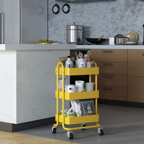 [en.casa] Carro de Servicio con 3 Cestas Estantería de Baño con 4 Ruedas Carrito de Cocina Multiusos Versátil Resistente Acero 79 x 46 x 35 cm - Amarillo