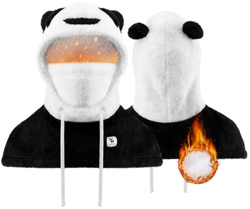 Qunature Cagoule Panda Parent-Enfant Hiver Masque Intégral Écharpe 2 en 1 Balaclava Épais Coupe-Vent Charmant Polaire Réversible Moto Vélo Ski avec Casque Casquette Cordon Serrage Noir Blanc S/M/L