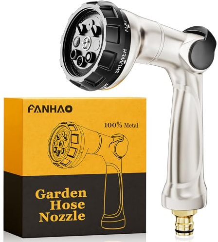 FANHAO Professionelle Gartenschlauch Spritze, 100% Metall Gartenbrause mit 8 Sprühmustern,Hochdrucksprühdüse,Daumensteuerung,Ein/Aus-Ventil für Rasen-und Pflanzenbewässerung,Auto-und Haustierwäsche