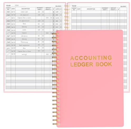 Redovisningsbok – A5 checkregister för småföretag och personligt bruk, kontobok för spårning av pengar, kostnader, insättningar och saldo, 14,7 cm x 22,8 cm (rosa)