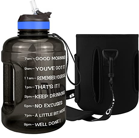 QuiFit 3.78/2.2 Litre Motivational Water Bottle - with Straw & Time Marker,Wide Mouth,BPA Free,Reusable,Ideal for Gym,Outdoor Sport,Home & Office (Black with Sleeve, 2.2 Liter)