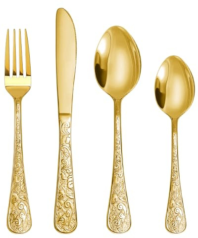 SHEUMNT Set Posate 24 Pezzi Stile Vintage Oro, Servizio per 6 Persone, Posate in Acciaio Inox con Intagli Decorativi, Set Completo Coltelli/Forchette/Cucchiai per Casa e Cucina
