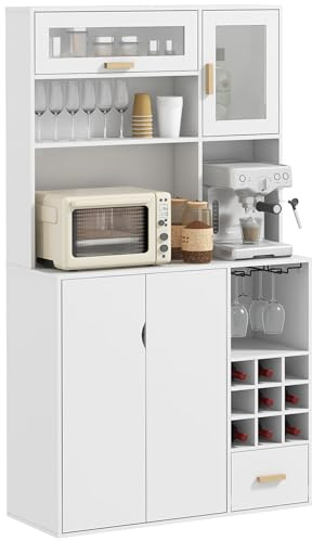 HOMCOM Mobile Dispensa Alto con Portabottiglie, 3 Armadietti, 4 Ripiani e Cassetto, Credenza Moderna in Truciolato e Legno di Pino, 100x38x172 cm, Bianco