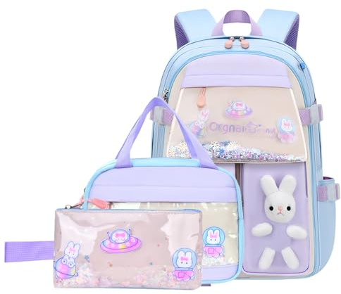 VIDOSCLA 3Pcs Bunny Backpack for Girls Kawaii Kids Backpack Girls Backpack with Lunch Box Set-3Pcs Purple S