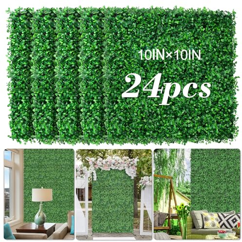 AOKIE - Pared de césped artificial de 10 x 10 pulgadas, 24 paneles de pared de seto de boj antirayos UV, telón de fondo para decoración de pared, pantalla de seto de privacidad para interiores y