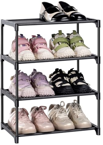 Keoudier Schuhregal mit 4 Ebenen, Schuhregal Platzsparend Schmal Schuhregale Klein Schuhaufbewahrung,Schwarz Stapelbar Metall Schuhablage für Flur, Eingang, Schrank, Schmaler Raum