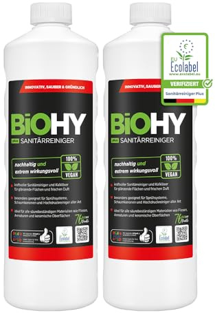 BiOHY Sanitetsrengörare Plus (2 x 1l flaska) | Kalknedbrytande koncentrat för sanitetsområdet | Badrumsrengöring med en behaglig och fräsch doft | EXTRA STARK (Sanitärreiniger Plus)