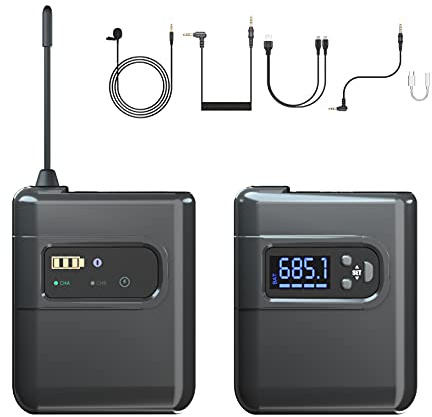 YIWEOG Sistema microfonico lavalier wireless con trasmettitore e ricevitore Microfono risvolto omnidirezionale compatibile con fotocamera DSLR Laptop PC Smartphone Tablet per registrazione interviste