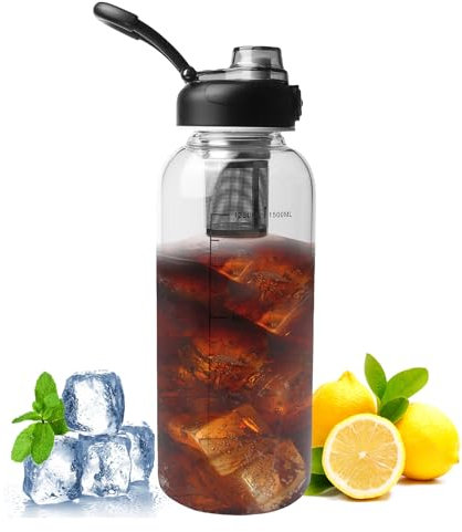 WIYETY Gourde transparente de 1,5 l : bouteille d'eau avec marquage, anti-fuite, couvercle à fermeture unique, grande bouteille en verre pour fitness, maison, bureau, amateurs de thé