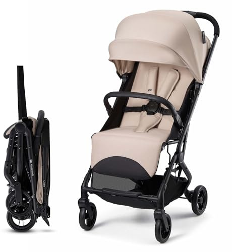 Kinderkraft INDY 3, leichter Buggy ab Geburt bis 15 kg, nur 7,3 kg, Einhand-Faltmechanismus CLICK & FOLD, kompakt, verstellbare Rückenlehne, 5-Punkt-Gurt, Verdeck mit Fenster, TPR-Räder, Beige