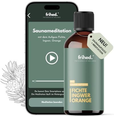frihed.®, infusione per sauna biologica con App Meditation, infuso per tutti i tipi di sauna, profumo di lunga durata, olio di alta qualità, idea regalo (abete rosso, zenzero e arancione, 100 ml)