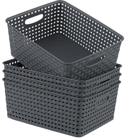Doryh Plastic Woven Storage Basket, Grey Cupboard Storage Baskets, 4-Pack