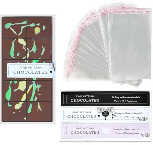 HKNMTT 190PCS Chocolate Bar Packaging Wrappers Set - 100 Large Cellophane Clear Self Adhesive Bags 5.1x9.8 & 90 Stickers. Designed for Dubai Chocolate Bars & DIY Sweets Candy Bar