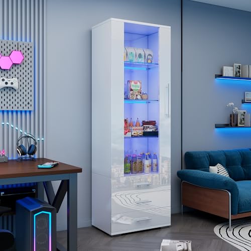 Merax Vitrina de cristal con iluminación LED, color blanco brillante con puertas y 3 cajones, armario alto de 180 cm, armario de cocina, armario multiusos para salón, dormitorio, oficina