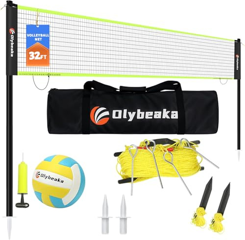 32ft Portable Outdoor Volleyball Net Set for Backyard Beach with Adjustable Poles, Durable, Soft PU Volleyball & Pump, Carry Bag - Easy Set Up & Durable