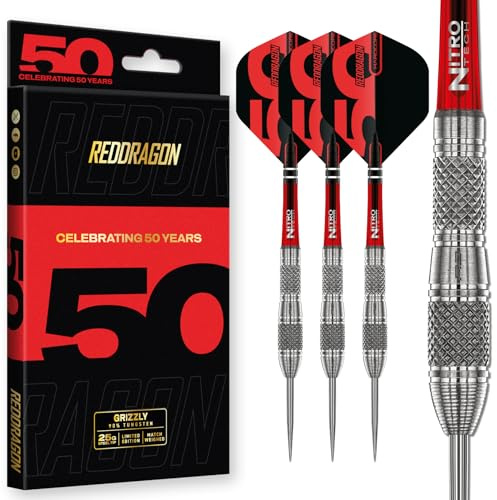 RED DRAGON DARTS - 50 år gamla klassiker - Grizzly 4-25g - 90% Volfram - Professionellt stålspetsdartset - Inkluderar dartflygningar och dartstjälkar