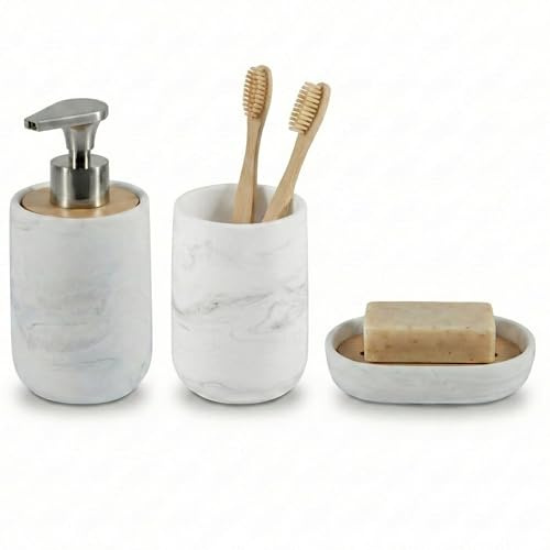Kook Time Set Accessori Bagno 3 Pezzi - Dispenser Sapone con Pompa in Lega di Zinco, Bicchiere e Porta Saponetta - Resina Bianca Effetto Marmo e Bambù - Design Moderno e Resistente