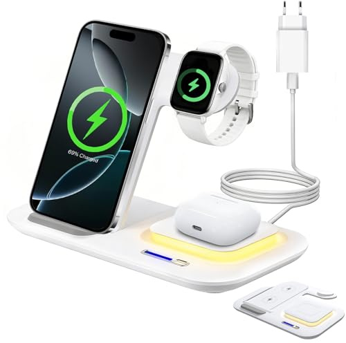 HYOJCWU 5-i-1 Trådlös Laddningsstation för Apple Phone 17/16/15/14/13/12/11 Pro/Max/Plus, Snabbladdare för Apple Watch Ultra, Laddningsstativ för AirPods 4/3/2/Pro 3