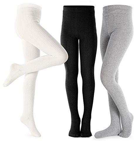 Petrass Girls Tights Toddler Cable Knit Cotton Footed Seamless Dance Ballet Baby Girls' Leggings 3 Pack Black/Ivory/Grey 5-6Y