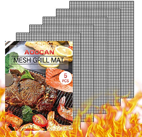 AOOCAN Grill mesh mat - Set of 5 Non Stick BBQ Grill mats, Heavy Duty, Reusable Grilling mats, Easy to Clean - Works on Gas, Charcoal, Pellet Grill - 15.75 x 13 in, Black