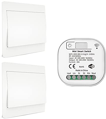 MOES Trådlös RF433 och WLAN strömbrytare fjärrkontroll, inget batteri ingen ledning ingen hubb krävs, kompatibel med Alexa Google Home, Smart Life/Tuya App, 2 st. strömbrytare 1 mottagare