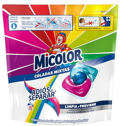 Micolor Detergente en Cápsulas Adiós al Separar (30 lavados), jabón para ropa de color en formato sostenible con poder quitamanchas que protege los colores