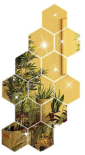 12 Stück Sechseckige Acryl-Wandspiegel-Aufkleber Klebespiegel Spiegelfliesen Selbstklebend Hexagon-Spiegel Spiegel-Wanddekoration für Badezimmer Wohnzimmer Küche Umkleidekabine (Gold, 6.3cm)
