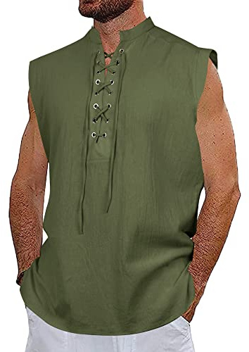 NANAMEEI Camisa de lino para hombre con cordones, chalecos medievales de verano, camisa de playa para hombre, camisas de lino ajustadas, sin mangas, cuello alto, camisas sin cuello, color verde, L