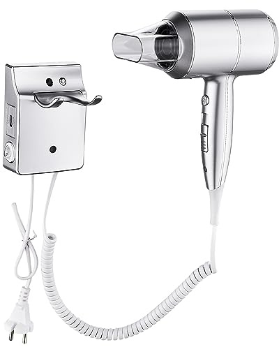 QL Sèche-cheveux Mural avec Ions et Protection Thermique 2000W - Support et Port USB - Pour Maison, Hôtel - Argent