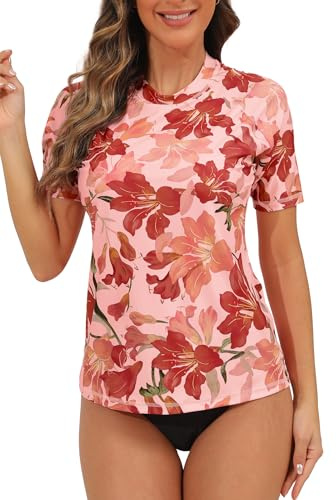 Halcurt Women's Short Sleeve Rash Guard Swimsuit Top with Built in Bra Swim Shirt UPF50+ Quick Dry Bathing SuitBrick Red Floral L