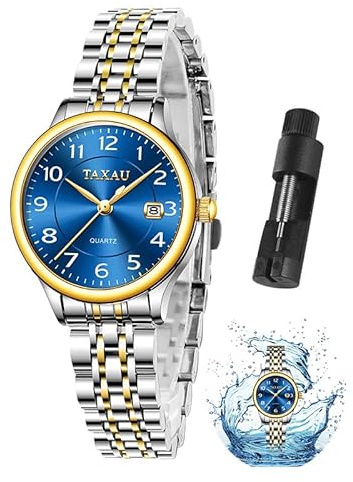 Taxau Armbanduhr Damen Silber Und Blau Wasserdicht Damenuhr Silber GüNstig Quarzuhr Damen Uhr Silberfarben Mit Kalender Arabische Ziffern Uhr Damen Edelstahl Klassisches Damenarmbanduhr Frauen Uhren