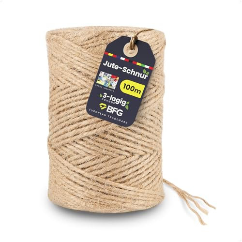 BFG Ficelle de jute 100 m, 2 à 3 mm, 3 couches, résistante à la déchirure, avec fibre naturelle pour plantes et décorations, marron, pour emballage et artisanat