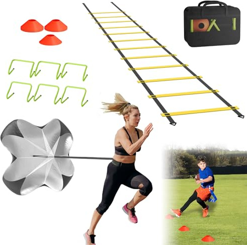 Froadp Accessori per allenamento calcio, scala di coordinazione da 5 m, 6 ostacoli regolabili, paracadute, corda per saltare, set regalo per bambini, strumento ideale per allenamento