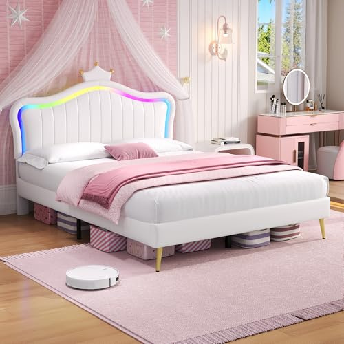 4ft6 Double Bed Frame Upholstered Platform Bed with LED Adjustable Crown Shape Headboard,Wood Slat Support,No Box Spring Needed,PU Leather Youth Beds for Adults Kids Teenagers,Cream White,135x190 cm