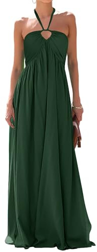 Emerald Green Dress for Women Wedding Guest Boho Beach Sexy Cute Halter V Neck Maxi Sleeveless Low Back Empire Waist A Line Long Flowy Sun Dresses S